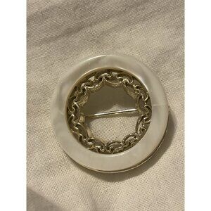 Vintage Silver & White Round Brooch With Chain Design